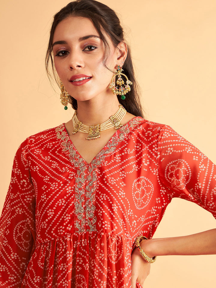 Red &amp; White Bandhej Wrap Peplum Top