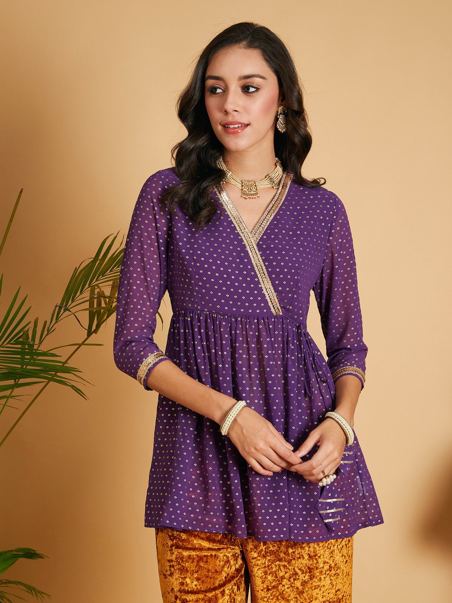 Purple Dot Foil Print Wrap Peplum Top