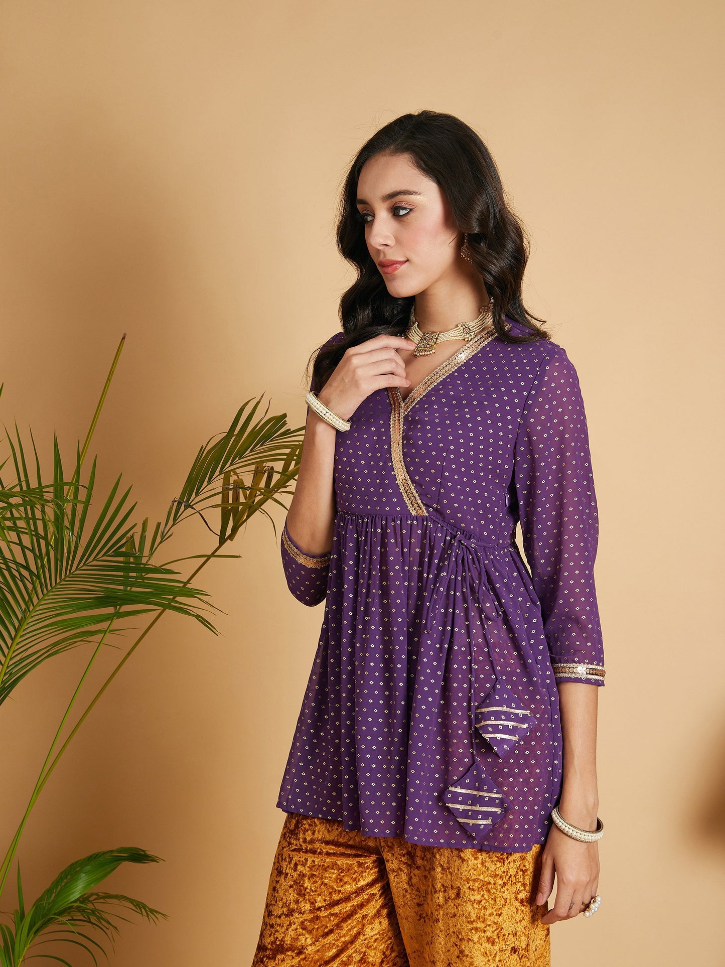 Purple Dot Foil Print Wrap Peplum Top