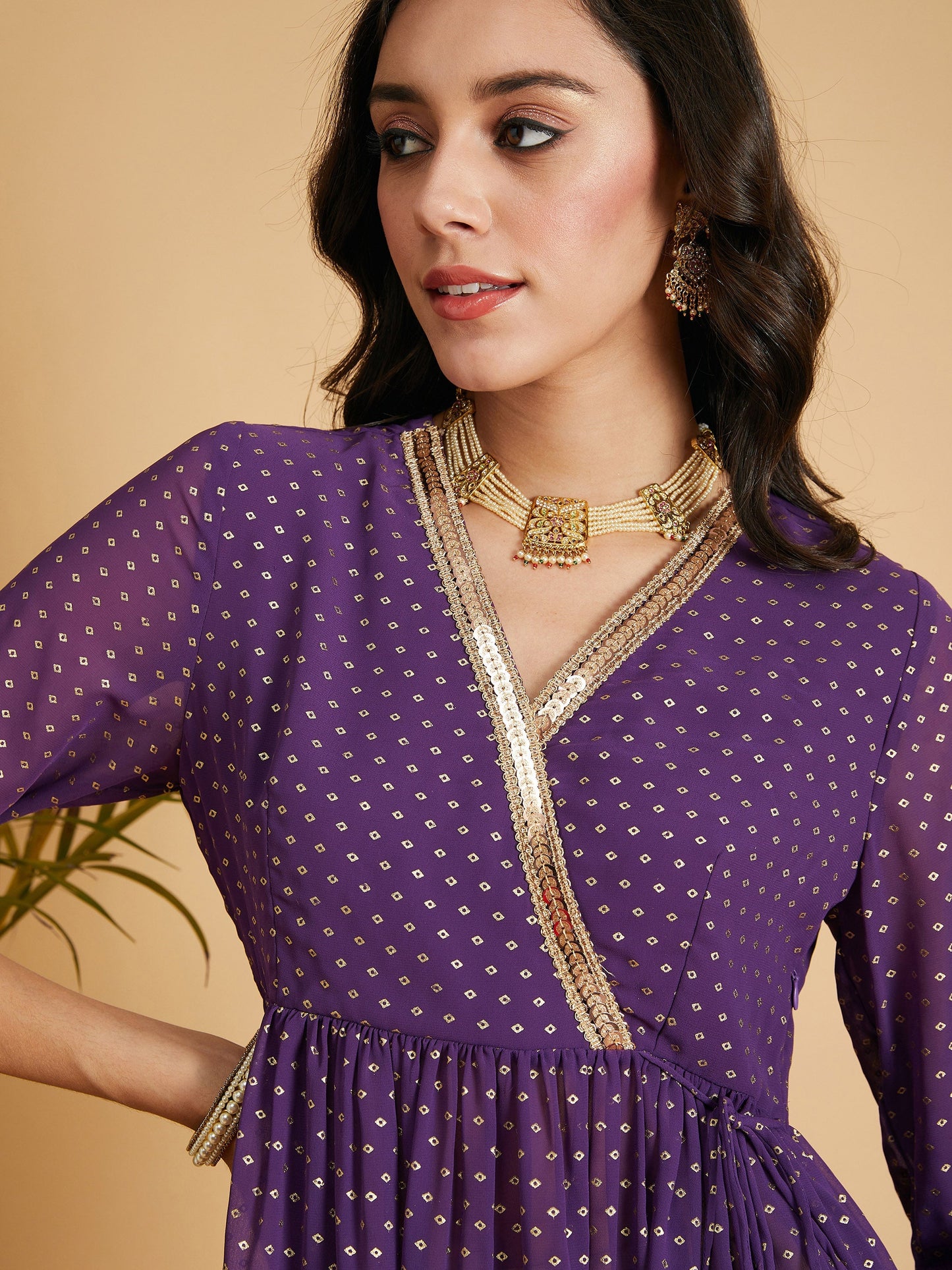 Purple Dot Foil Print Wrap Peplum Top