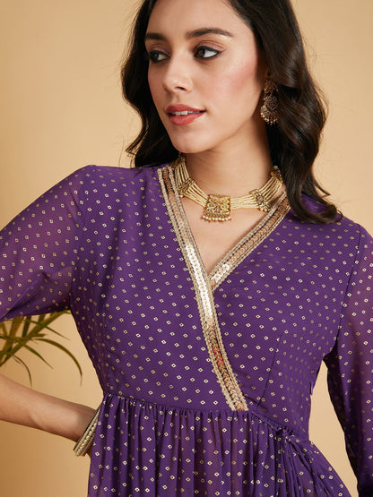Purple Dot Foil Print Wrap Peplum Top