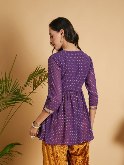 Purple Dot Foil Print Wrap Peplum Top