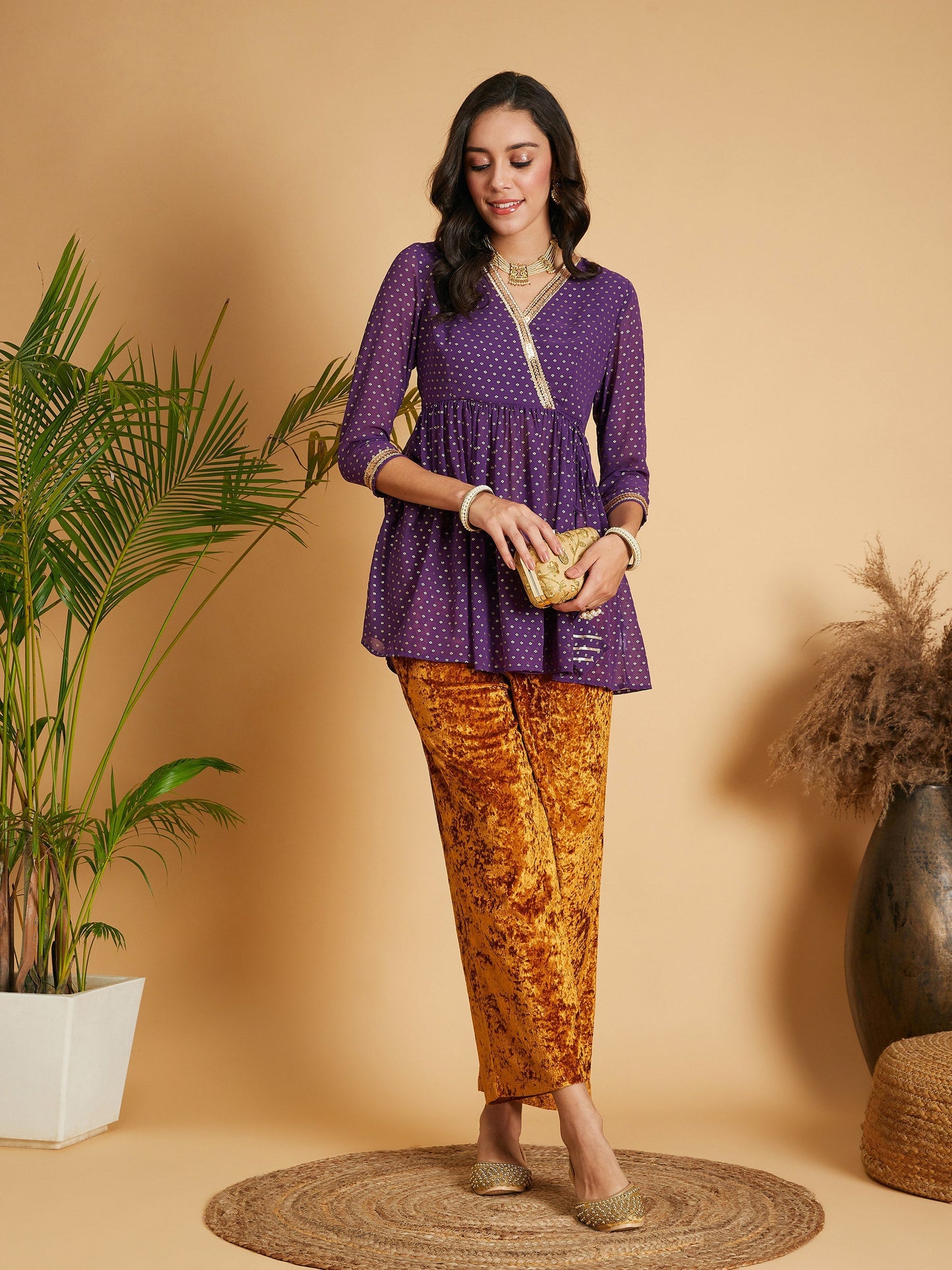 Purple Dot Foil Print Wrap Peplum Top