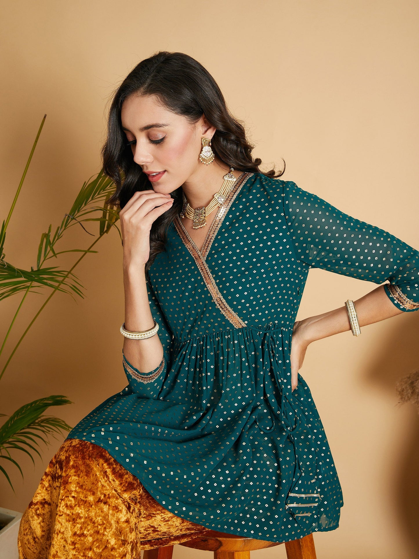 Emerald Dot Foil Print Wrap Peplum Top