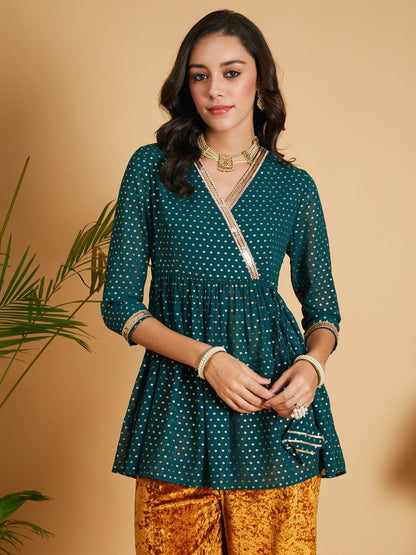 Emerald Dot Foil Print Wrap Peplum Top