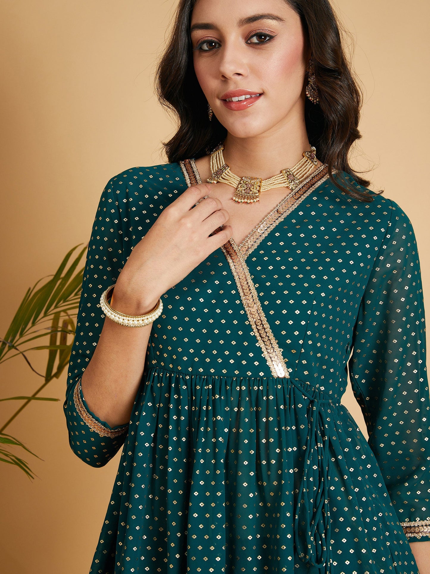 Emerald Dot Foil Print Wrap Peplum Top