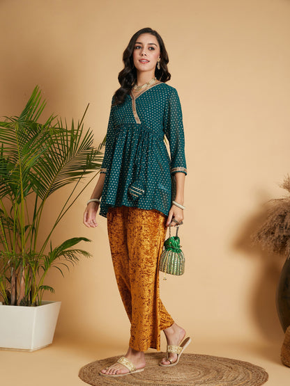 Emerald Dot Foil Print Wrap Peplum Top