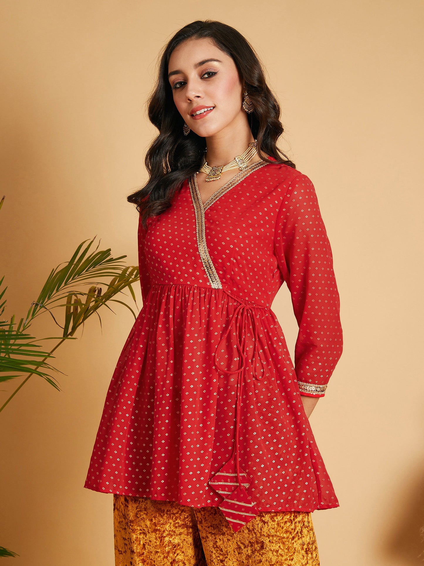 Red Dot Foil Print Wrap Peplum Top