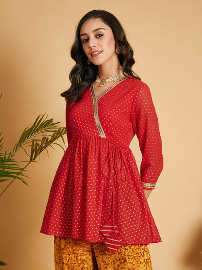 Red Dot Foil Print Wrap Peplum Top