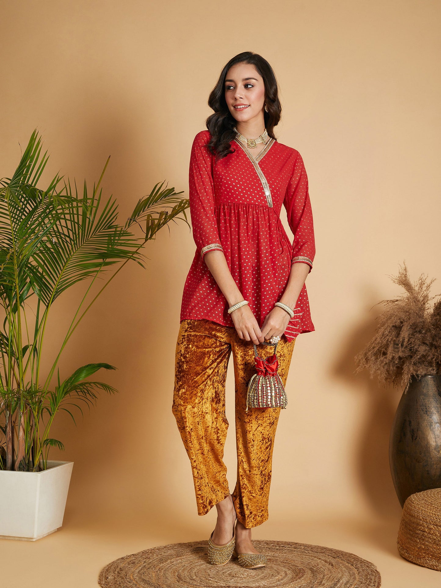 Red Dot Foil Print Wrap Peplum Top