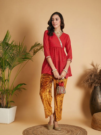 Red Dot Foil Print Wrap Peplum Top