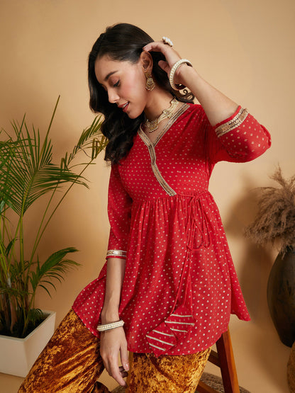 Red Dot Foil Print Wrap Peplum Top