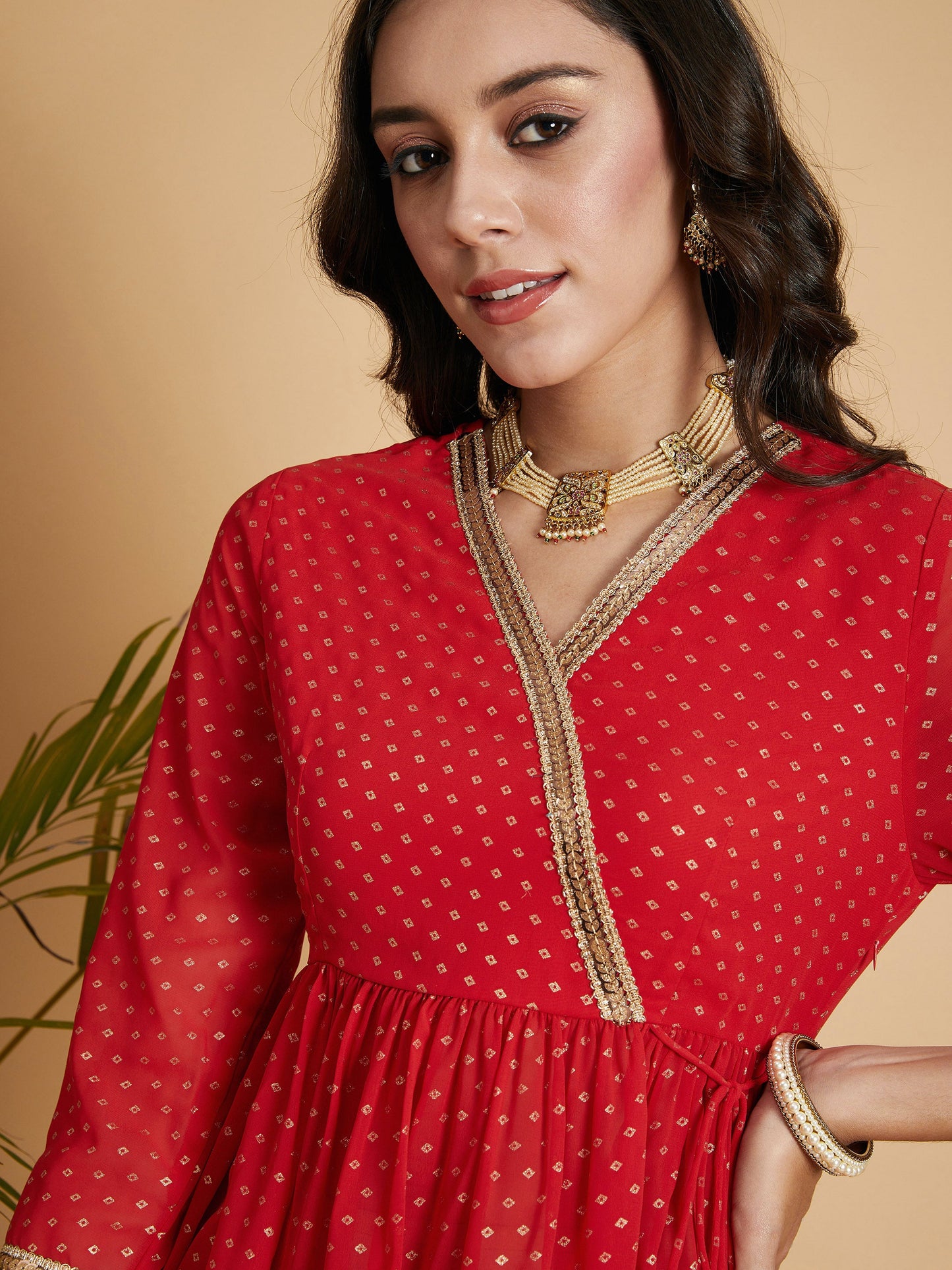 Red Dot Foil Print Wrap Peplum Top
