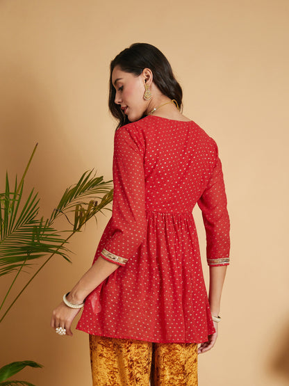 Red Dot Foil Print Wrap Peplum Top