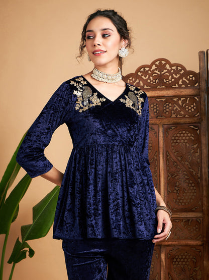 Navy Blue Velvet Embroidered Peplum Top-Shae by SASSAFRAS