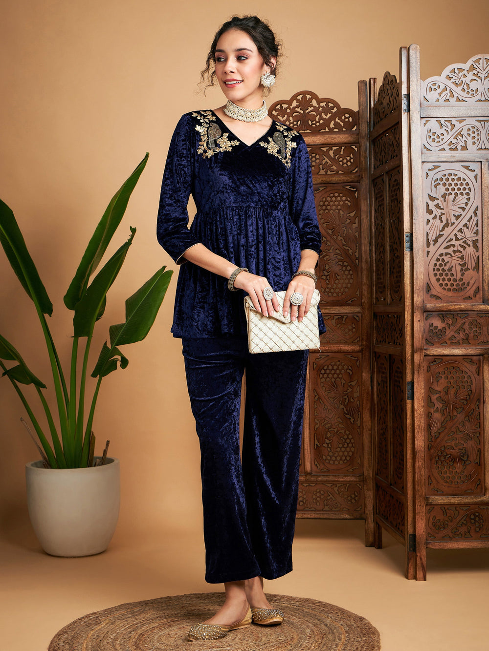 Navy Blue Velvet Embroidered Peplum Top-Shae by SASSAFRAS