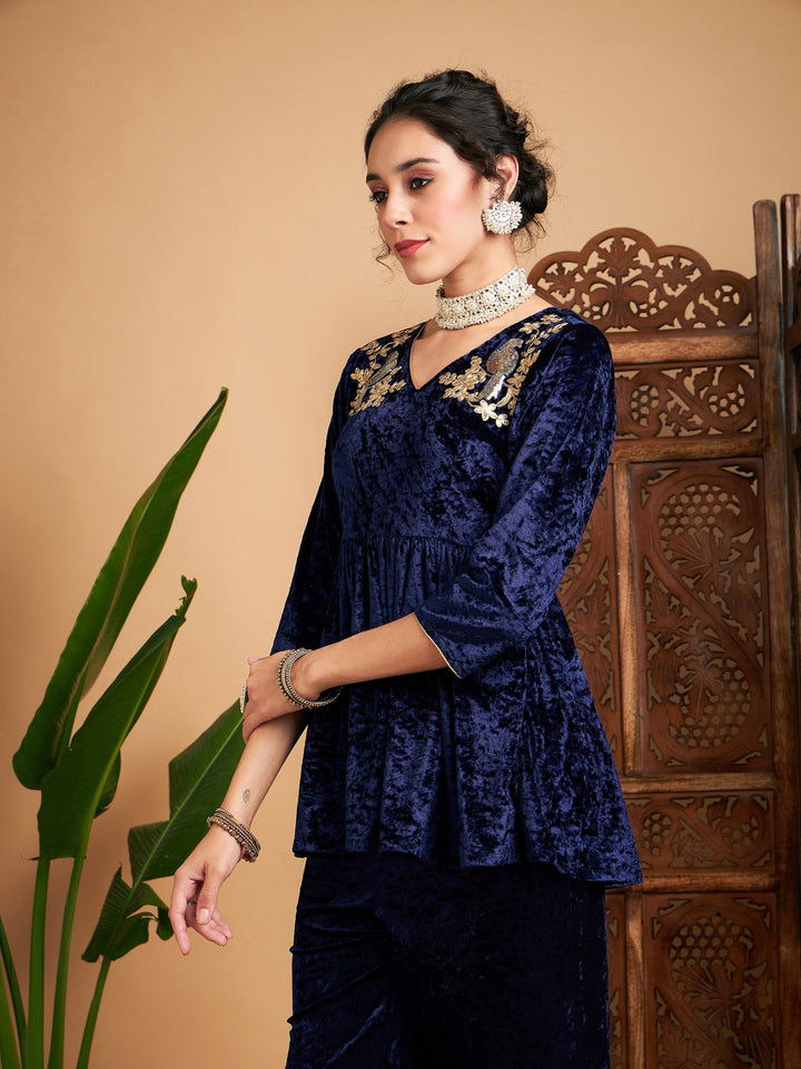 Navy Blue Velvet Embroidered Peplum Top-Shae by SASSAFRAS