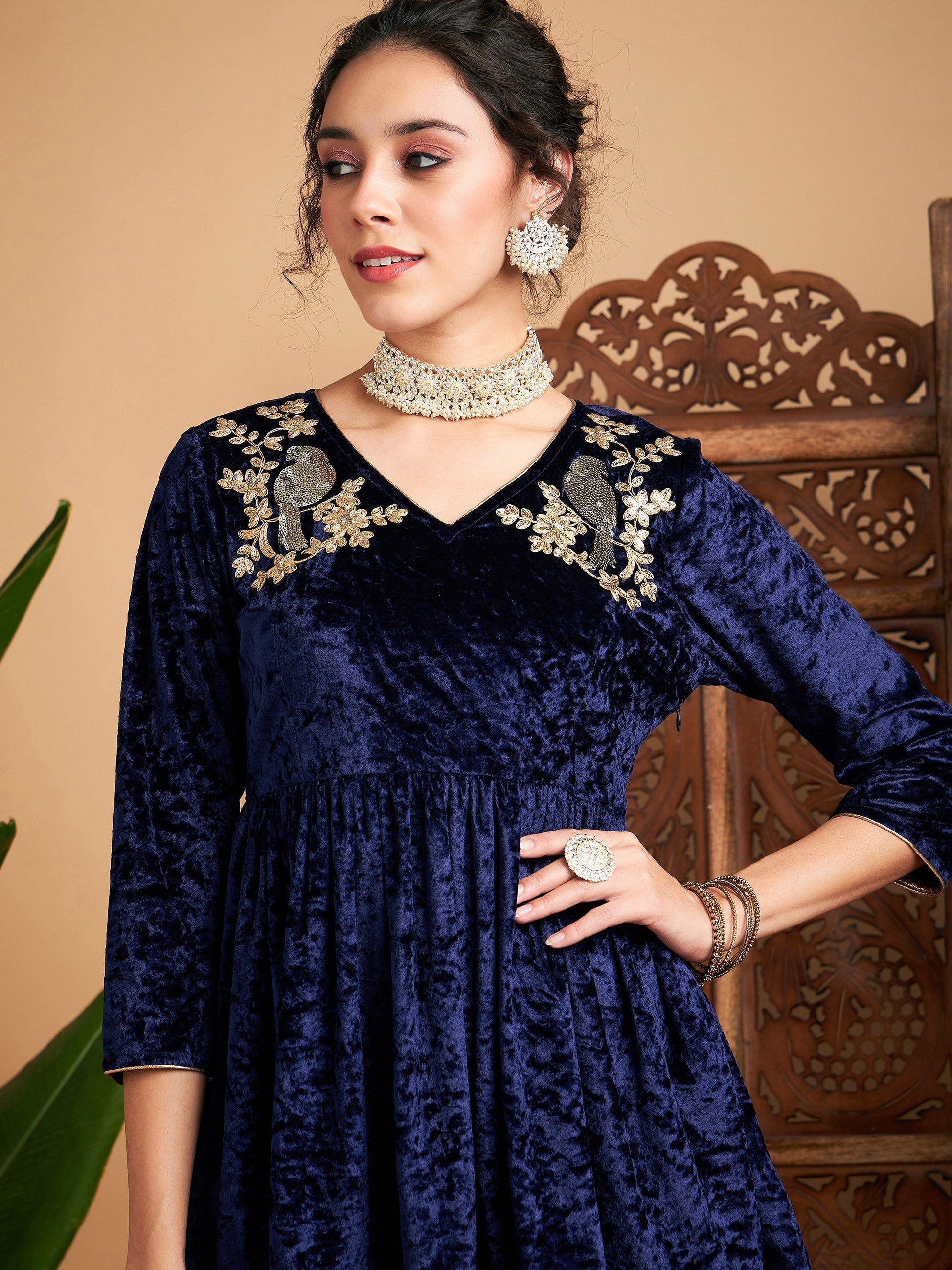 Navy Blue Velvet Embroidered Peplum Top-Shae by SASSAFRAS