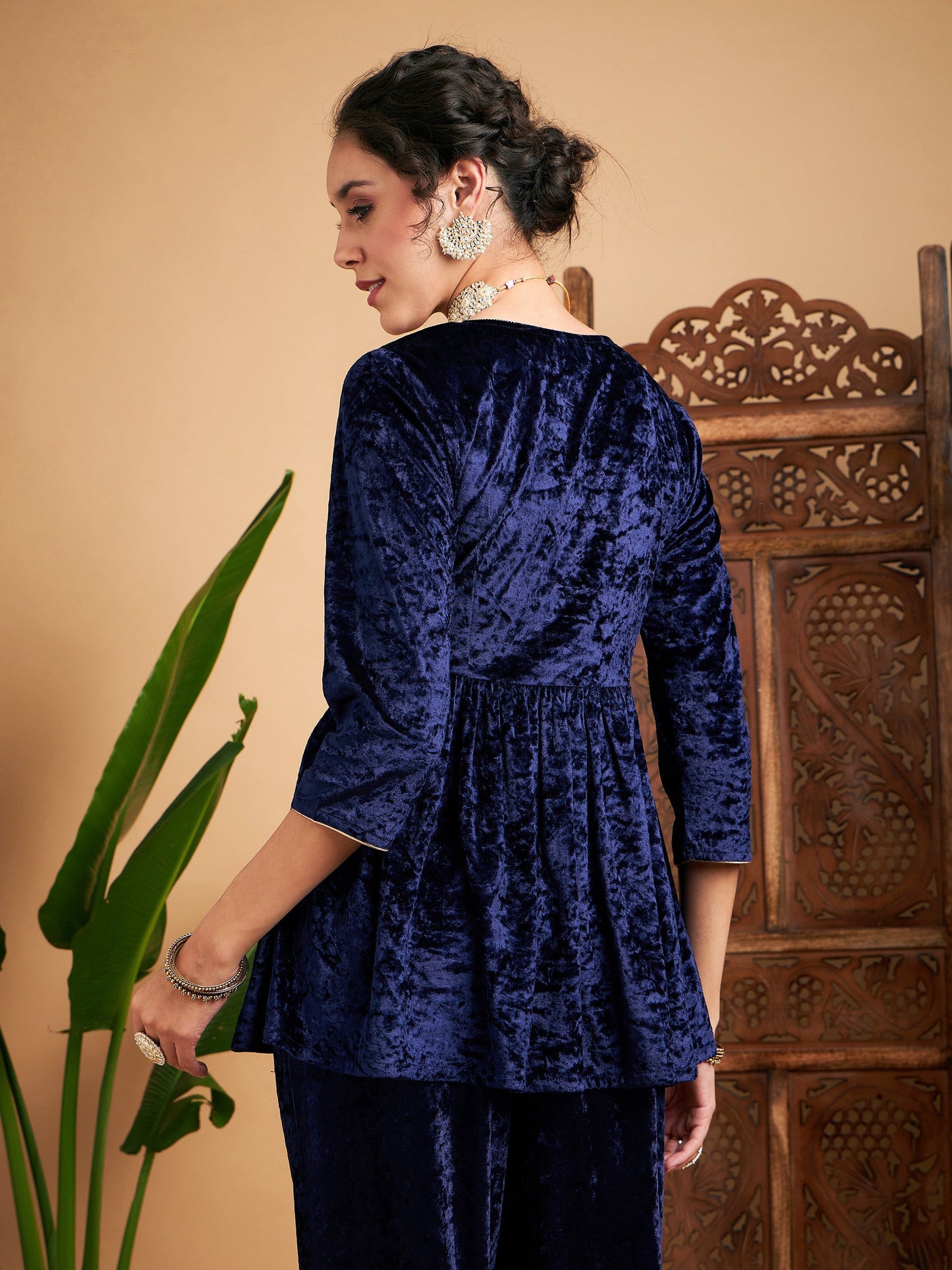 Navy Blue Velvet Embroidered Peplum Top-Shae by SASSAFRAS