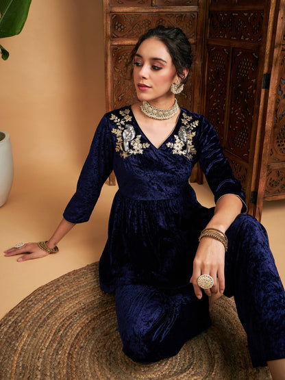 Navy Blue Velvet Embroidered Peplum Top-Shae by SASSAFRAS