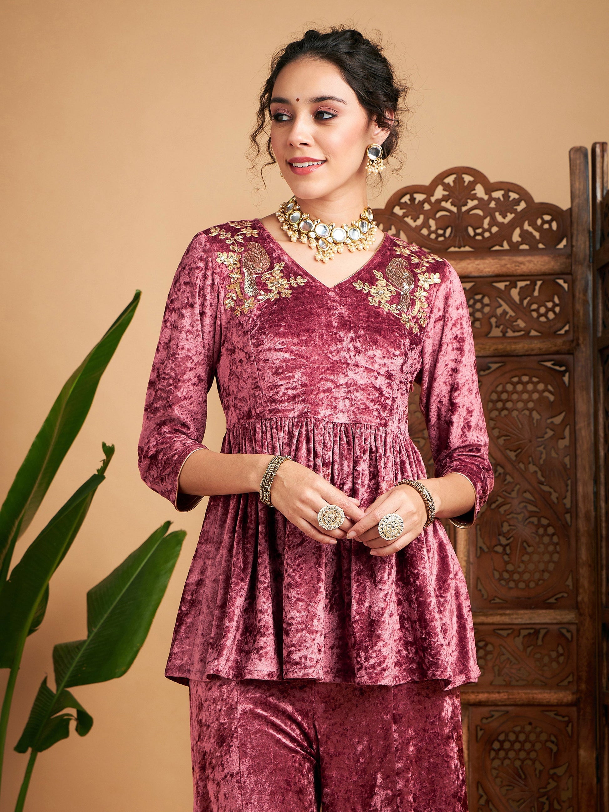 Pink Velvet Embroidered Peplum Top-Shae by SASSAFRAS