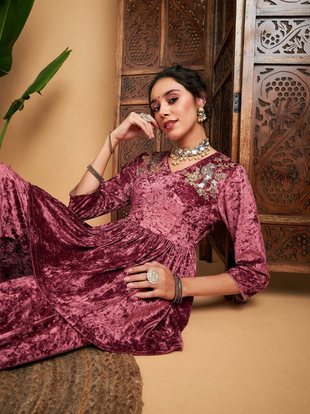 Pink Velvet Embroidered Peplum Top-Shae by SASSAFRAS
