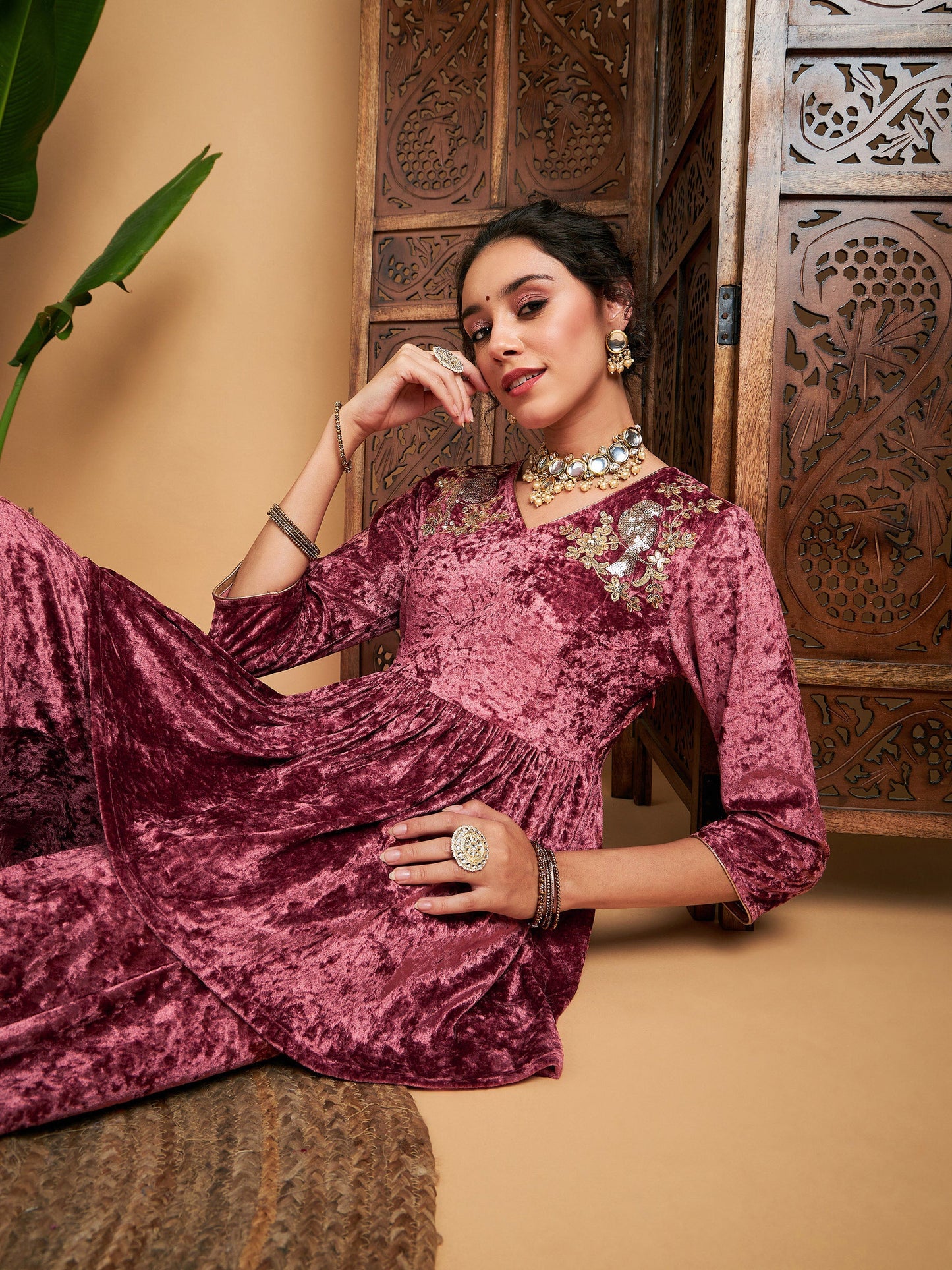 Pink Velvet Embroidered Peplum Top-Shae by SASSAFRAS