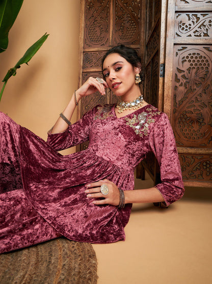 Pink Velvet Embroidered Peplum Top-Shae by SASSAFRAS