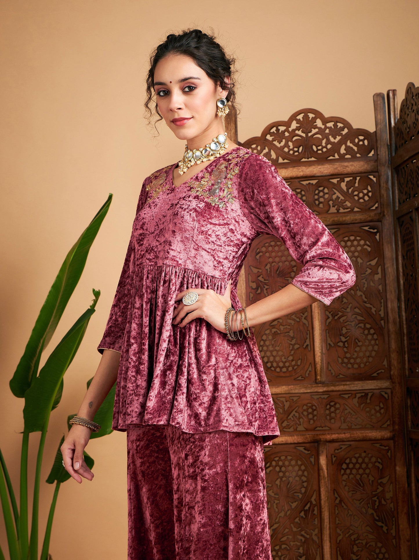 Pink Velvet Embroidered Peplum Top-Shae by SASSAFRAS