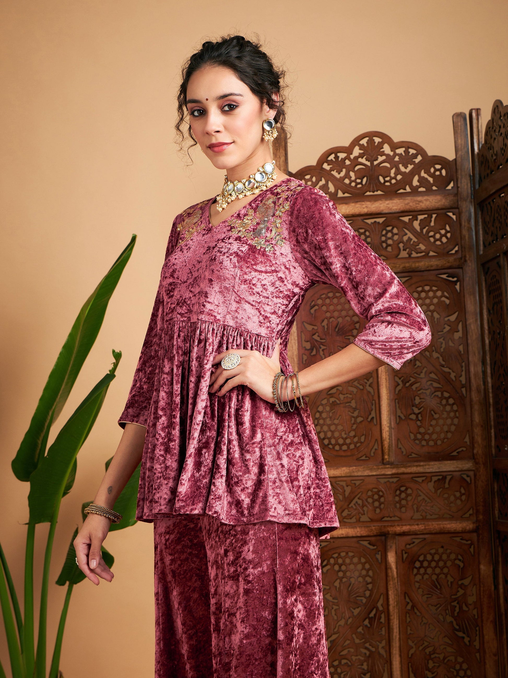 Pink Velvet Embroidered Peplum Top-Shae by SASSAFRAS