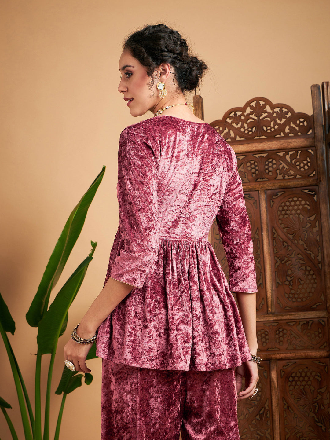 Pink Velvet Embroidered Peplum Top-Shae by SASSAFRAS
