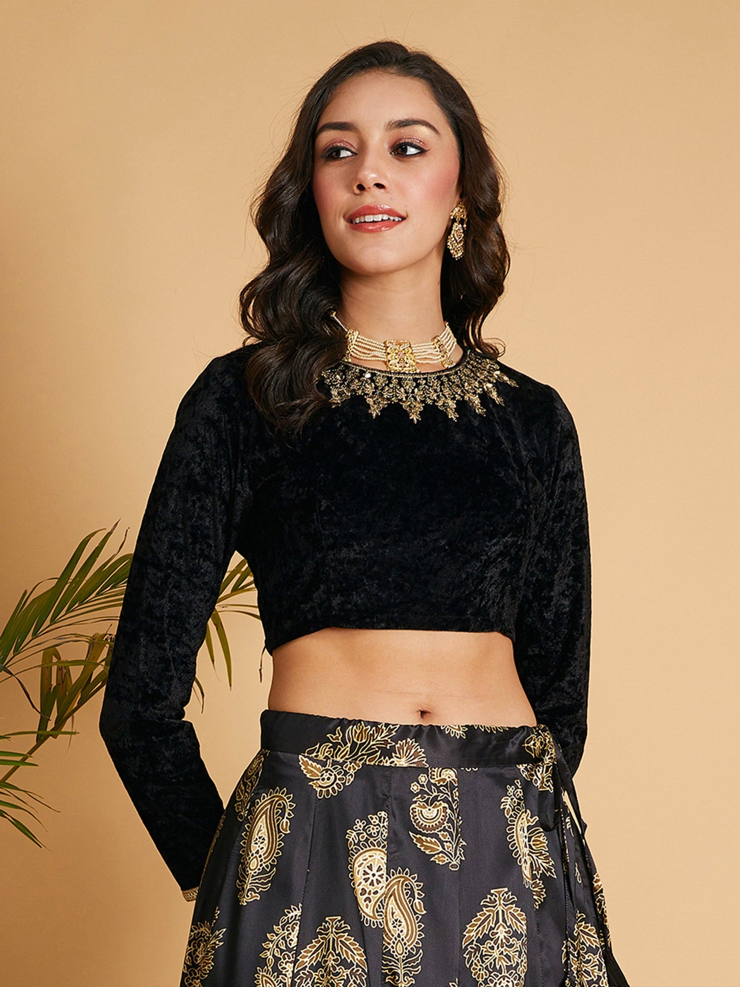 Women's Women Black Velvet Embroidered Full Sleeves Crop Top in Velvet by Shae for wholesale, bulk, supplier, manufacturer and wholesaler buyers from Trendphoria