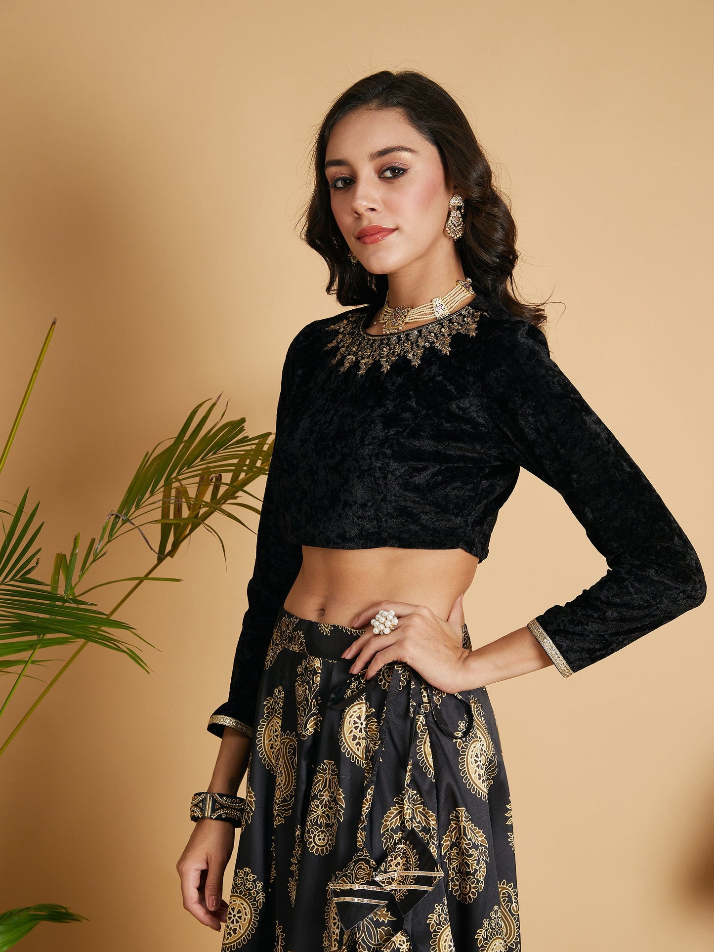 Black Velvet Embroidered Full Sleeves Crop Top-Shae by SASSAFRAS