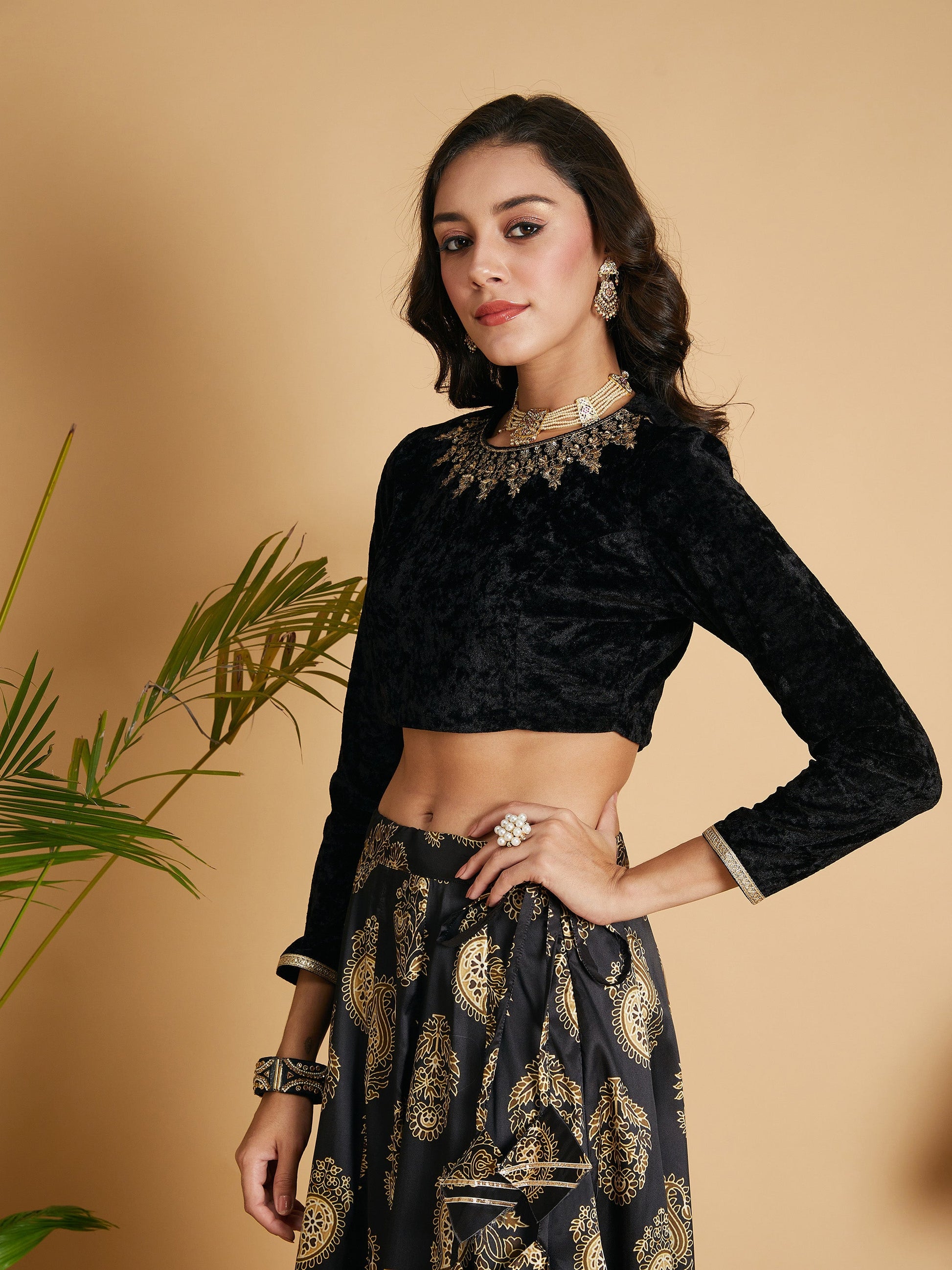 Black Velvet Embroidered Full Sleeves Crop Top-Shae by SASSAFRAS