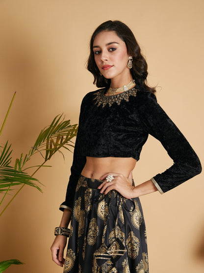 Black Velvet Embroidered Full Sleeves Crop Top-Shae by SASSAFRAS