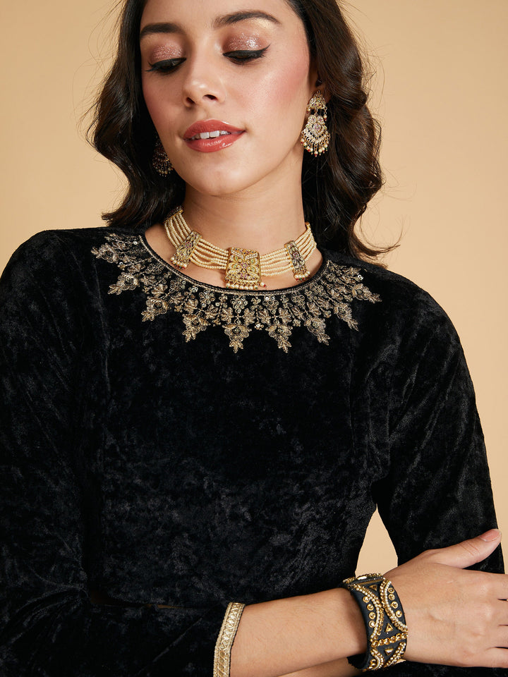 Black Velvet Embroidered Full Sleeves Crop Top-Shae by SASSAFRAS