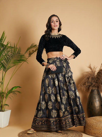 Black Velvet Embroidered Full Sleeves Crop Top-Shae by SASSAFRAS