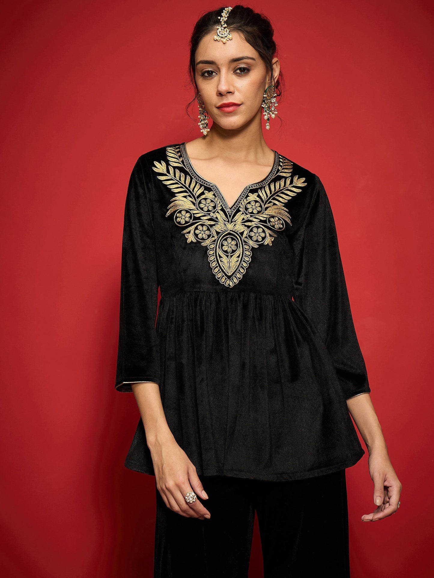 Women's Women Black Velvet Embroidered Round Neck Peplum Top in Velvet by Shae for wholesale, bulk, supplier, manufacturer and wholesaler buyers from Trendphoria