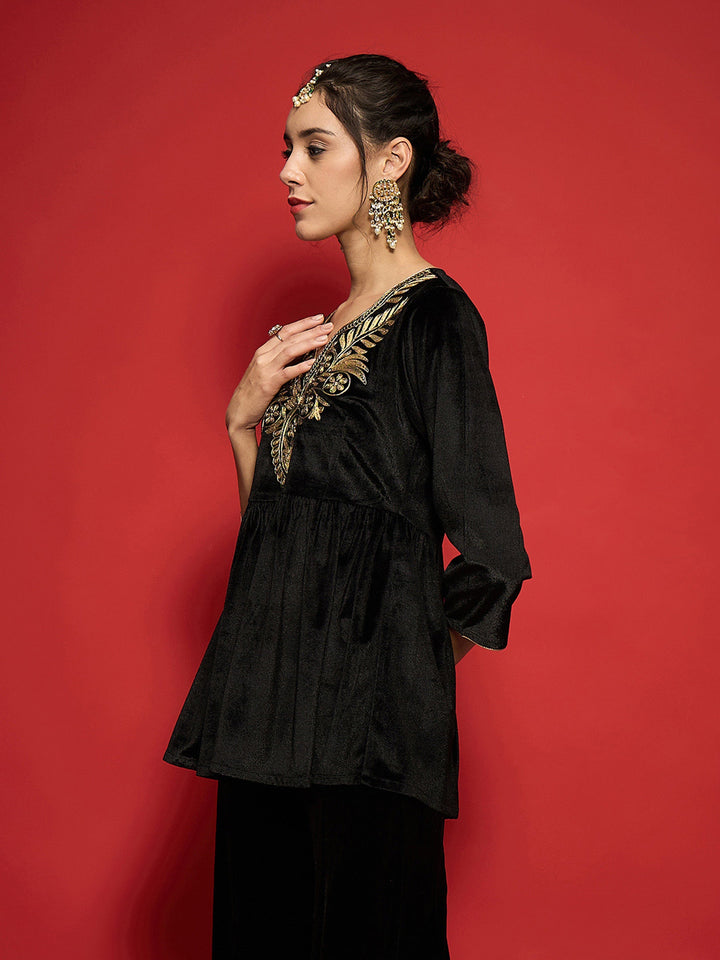 Black Velvet Embroidered Round Neck Peplum Top-Shae by SASSAFRAS