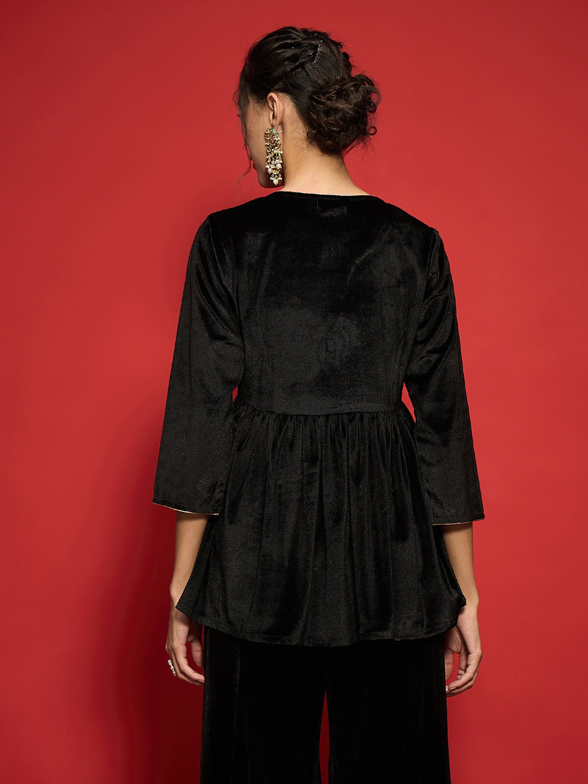 Black Velvet Embroidered Round Neck Peplum Top-Shae by SASSAFRAS