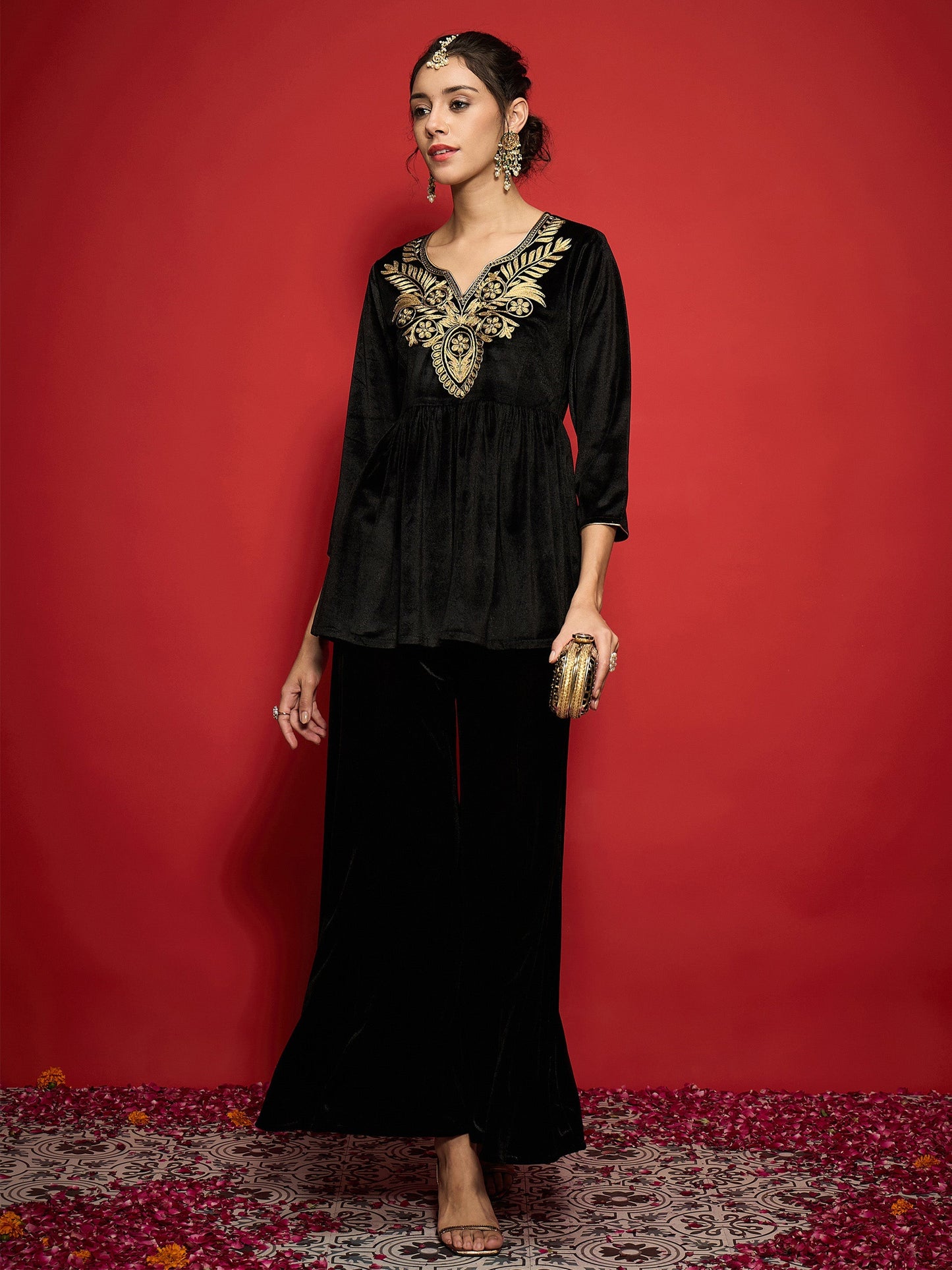 Black Velvet Embroidered Peplum Top With Palazzos-Shae by SASSAFRAS