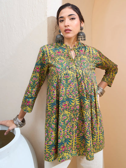 Dark Mustard Floral Cambric Front Tie Knot Kurti
