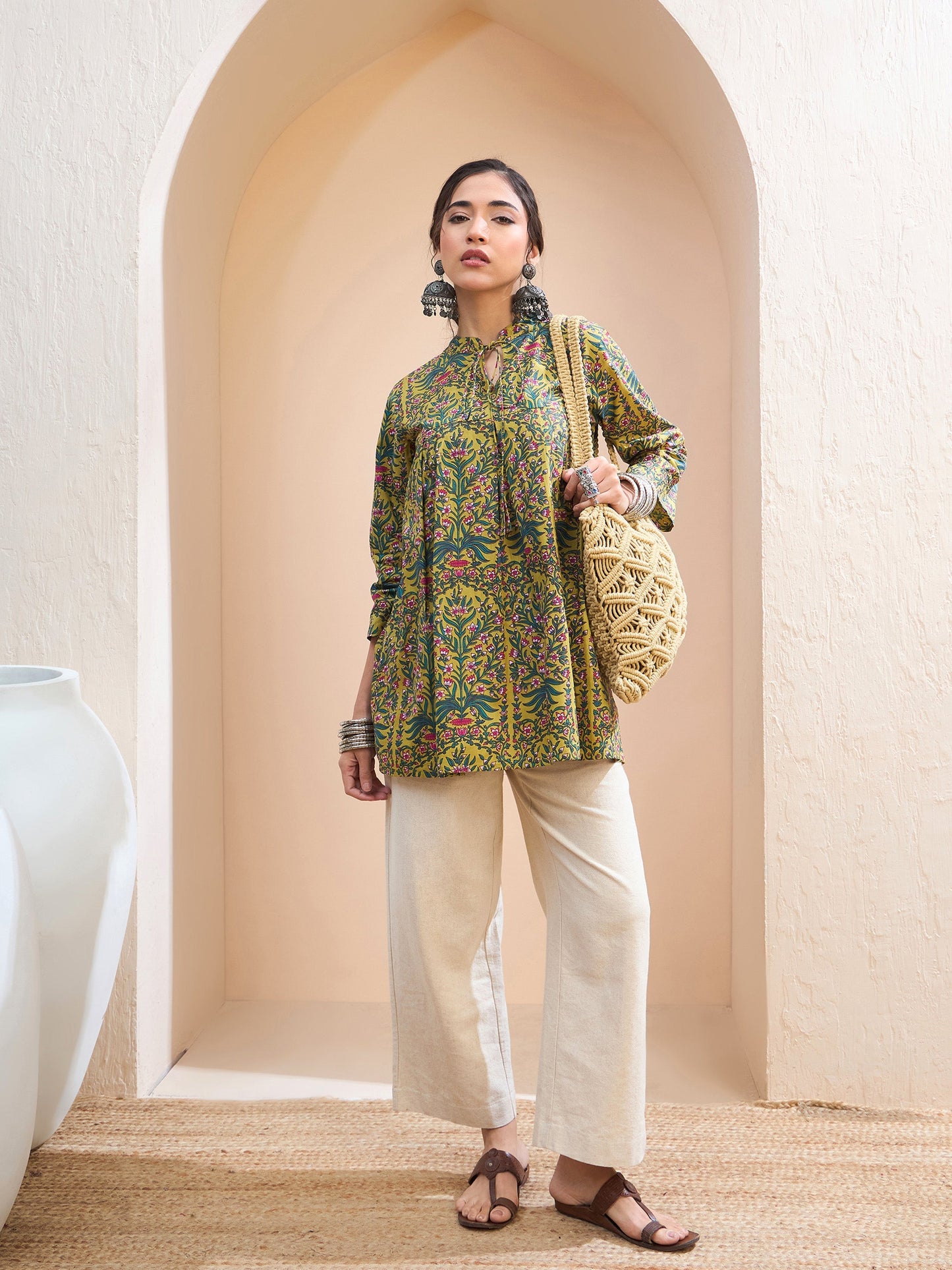 Dark Mustard Floral Cambric Front Tie Knot Kurti