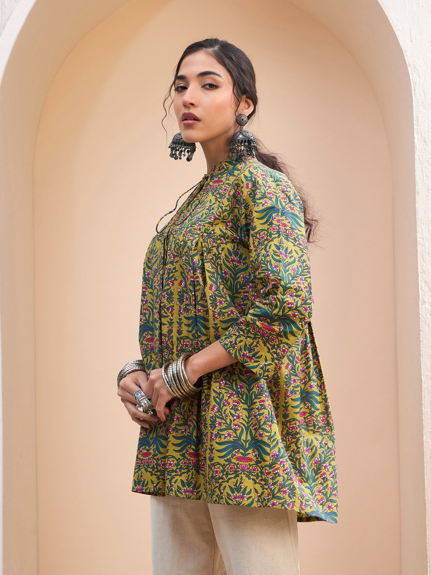 Dark Mustard Floral Cambric Front Tie Knot Kurti