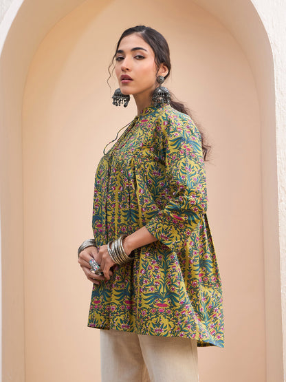 Dark Mustard Floral Cambric Front Tie Knot Kurti