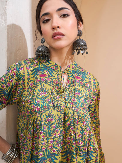 Dark Mustard Floral Cambric Front Tie Knot Kurti