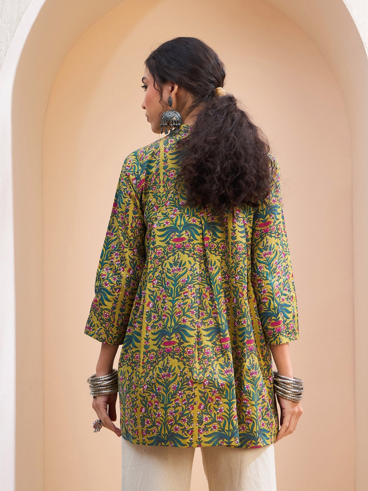 Dark Mustard Floral Cambric Front Tie Knot Kurti