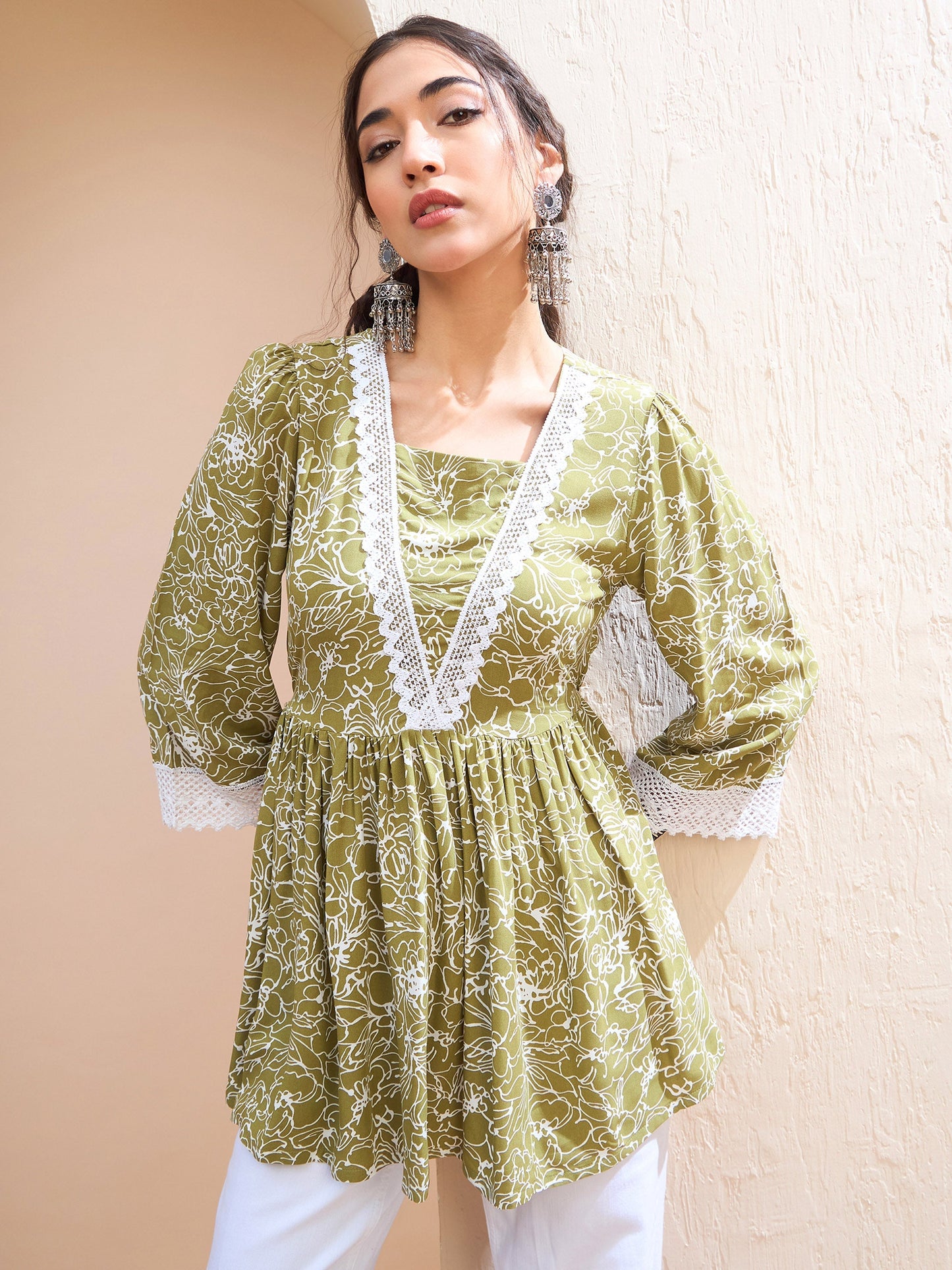 Green Floral V-Neck Peplum Kurti