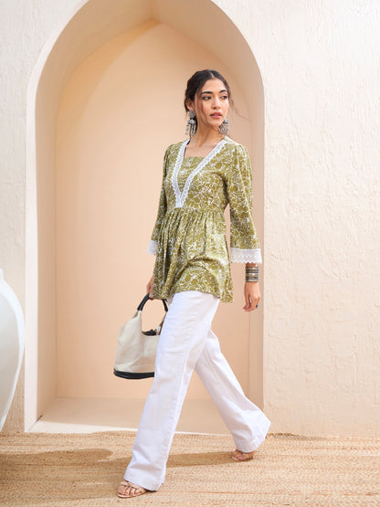 Green Floral V-Neck Peplum Kurti