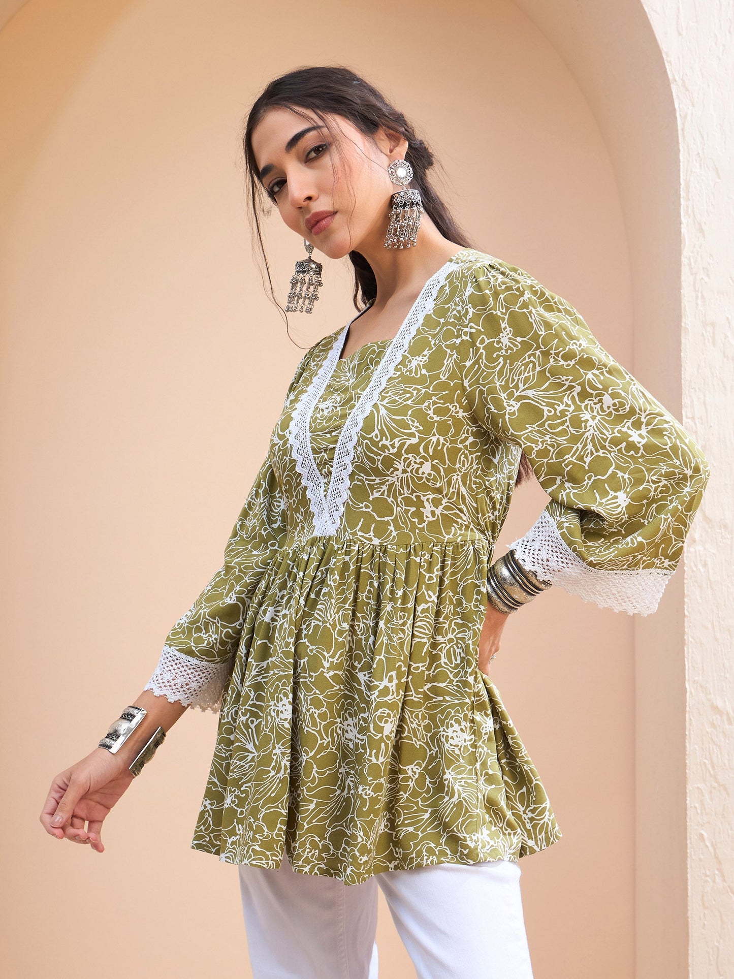 Green Floral V-Neck Peplum Kurti